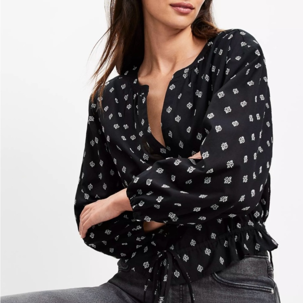 LOFT Black Printed Peplum Blouse Women’s Size Large Button Front Top